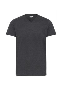 Camiseta gris de manga corta con diseño de cuello en V, confeccionada en una tela suave con una textura lisa. Sin patrones ni acentos presentes.