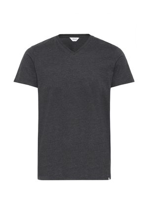 Grijze T-shirt met korte mouwen en een V-hals ontwerp, gemaakt van een zachte stof met een gladde textuur. Geen patronen of accenten aanwezig.