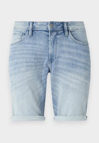 Svetle modré džíny šortky s ohrnutými manžetami, předním knoflíkem, zipem a designem s pěti kapsami.