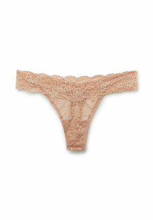 Krajková tanga v světle nahé barvě s vroubkovanými okraji a květinovými vzory. Měkká, průsvitná látka s minimálním zakrytím.