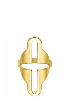 Goldener Ring mit einem hohlen kreuzförmigen Design, das sich vertikal und horizontal über den Ring erstreckt.