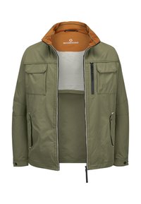 Olive green jacket with orange lining, zippered front, multiple pockets, and adjustable collar. Smooth texture and casual design.