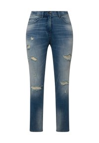 Jeans de mezclilla azules con corte recto, parches desgastados y dobladillos deshilachados. Lavado claro con desvanecimiento y detalles de herrajes mínimos.