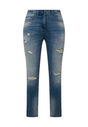 Blaue Jeans aus Denim mit geradem Schnitt, verwaschenen Patches und ausgefransten Säumen. Hellblau mit Ausbleichungen und minimalen Hardware-Details.