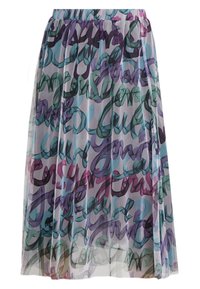 Falda midi transparente con un patrón abstracto colorido en tonos de azul, verde, púrpura y rosa, con una cinturilla elástica.