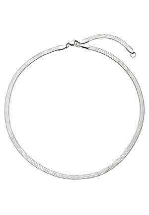 Hopeinen käärmeketju kaulakoru, jossa on hummeri-idaskoukku ja säädettävä pituuden pidennysosa valkoisella taustalla.