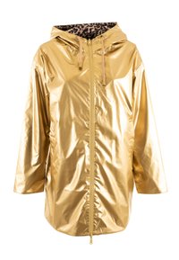 Veste de pluie métallique dorée avec une fermeture éclair à l'avant, une capuche et une doublure en imprimé léopard. Présente une coupe ample et une texture lisse et brillante.