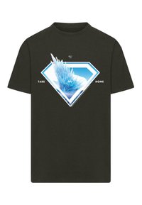 Black cotton t-shirt featuring a graphic design of a blue icy crystal pattern within a diamond shape, with the text "TAKE ME HOME."