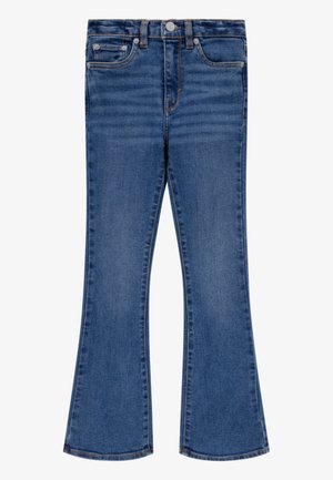 Jeans in denim blu a zampa d'elefante con un classico design a cinque tasche, caratterizzati da leggere scoloriture e cuciture a contrasto.