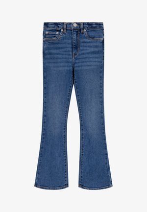 Jeans de ganga azuis em corte flare com um design clássico de cinco bolsos, apresentando desgastes leves e costura contrastante.