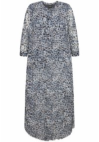 Maximekko läpikuultavasta kankaasta, jossa on sinivalkoinen leopardi-printti. Siinä on pyöreä kaulus, napitus edessä ja kolmen neljänneksen hihat.