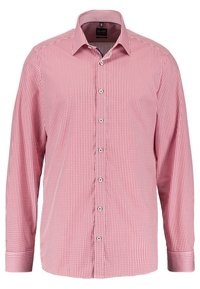 Camicia a maniche lunghe a quadri rossi e bianchi, in tessuto di cotone, con colletto a punta, chiusura frontale con bottoni e polsini con un bottone.