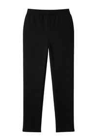 Black elastic waistband pants with a straight-leg cut, displayed flat against a white background. Suitable for casual or athletic wear.