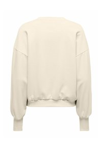 Lys beige genser med rund hals, senkede skuldersømmer og ribbede mansjetter. Har en innsvingt midje med rynket detalj.