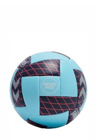 Rund handboll har en blå och svart design med röda rutmönster. Inkluderar en "RESIN FREE"-etikett, tillverkad av syntetiska material.