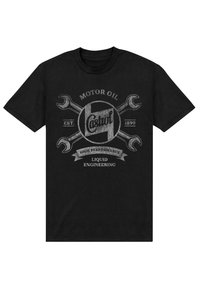 Sort bomulds t-shirt med et vintage Castrol motorolie logo med skruenøgler, hvid tekst og et slidte udseende.