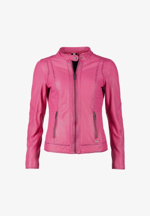 Rosa Lederjacke mit Frontreißverschluss, Kragen mit Druckknopf und zwei seitlichen Reißverschlusstaschen, dargestellt vor weißem Hintergrund.