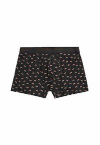 Boxer shorts negros con pequeños patrones de cerezas rojas, cinturilla elástica con la marca "Ysabel Mora", material de algodón y diseño de corte relajado.