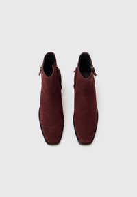 Un paio di stivaletti alla caviglia in suede borgogna con punte appuntite e cerniere laterali, visti dall'alto su uno sfondo bianco.
