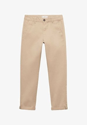 Beige chinos with a slim fit, made of soft cotton fabric. Features front pockets, a button closure, and rolled-up hems.