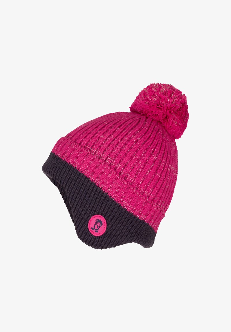 Kötött gyerek téli sapka élénk rózsaszín tetejével, sötétlila szegéllyel, pom-pommal a tetején és egy kis kör alakú logóval a szegélyen.