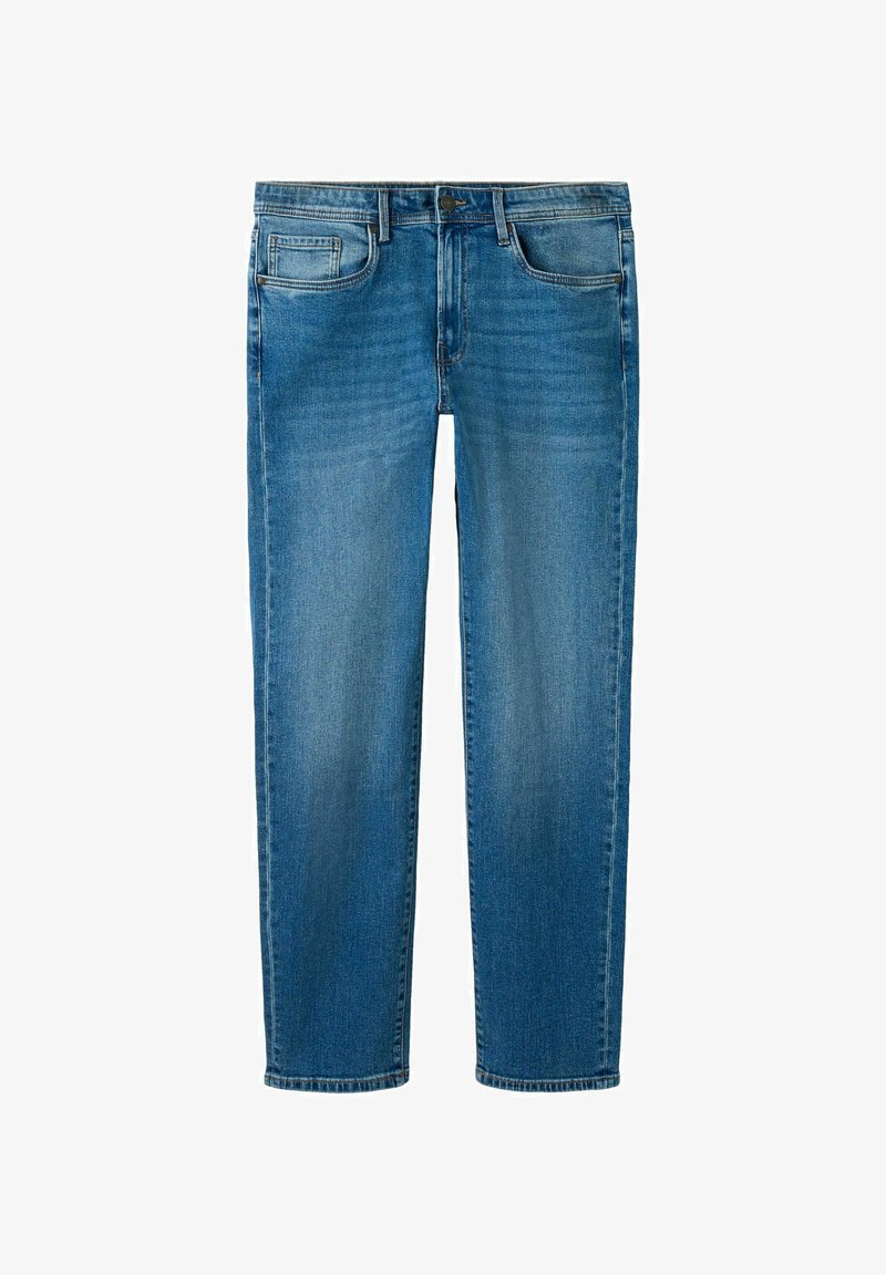 Modré džíny z denimu s rovnými nohavicemi, mají přední kapsu, očko na pásek a vybledlé části pro texturu. Klasický pětikapsový design.