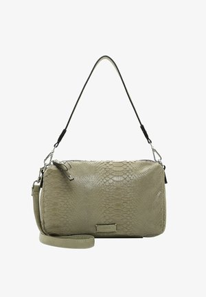 Sac en similicuir aspect peau de serpent vert olive avec fermeture éclair, double sangles d'épaule et accents de matériel argenté. Forme rectangulaire avec surface texturée.