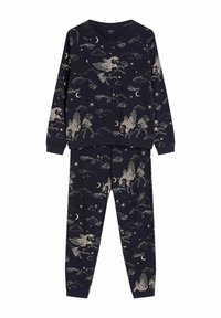 Granatowy zestaw piżam z długim rękawem z beżowym wzorem przedstawiającym Pegaza, chmury, gwiazdy i półksiężyce.