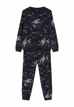 Granatowy zestaw piżam z długim rękawem z beżowym wzorem przedstawiającym Pegaza, chmury, gwiazdy i półksiężyce.