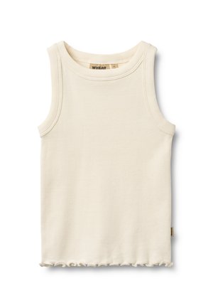 Camiseta sin mangas color crema con tejido acanalado, escote redondeado y dobladillo con flecos. Incluye una etiqueta con la marca. Textura de tela suave.