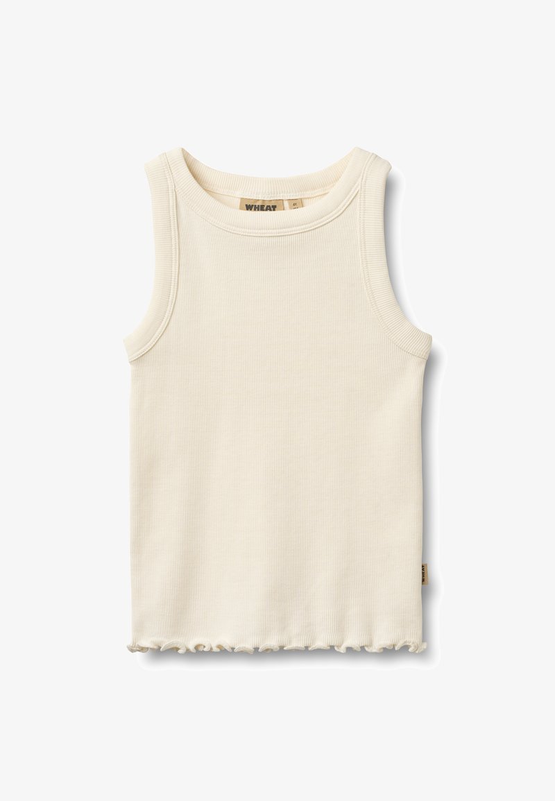 Débardeur côtelé sans manches de couleur crème avec un col arrondi et un ourlet à franges. Comprend une étiquette avec le logo de la marque. Texture du tissu douce.