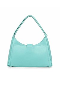 Borsa a mano in pelle turchese con manico curvo, forma strutturata, superficie testurizzata e chiusura a patta rettangolare sul davanti.