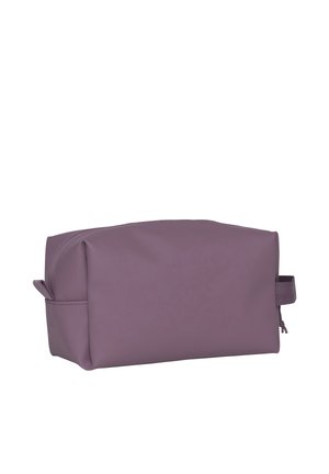 Lilla rektangulær toalettmappe med sidehåndtak og glidelås langs øvre kant, mot en hvit bakgrunn.
