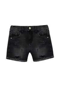 Shorts de denim negro con dobladillo deshilachado, presentan detalles desgastados, bolsillos frontales y cierre de botón metálico.