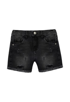Shorts de denim negro con dobladillo deshilachado, presentan detalles desgastados, bolsillos frontales y cierre de botón metálico.