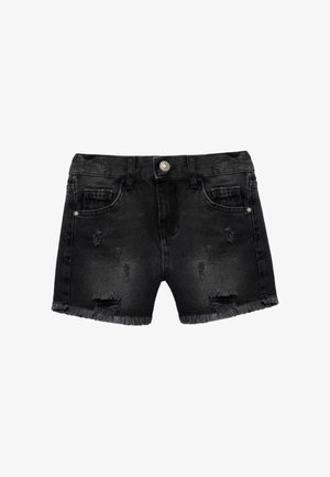 Shorts de denim negro con dobladillo deshilachado, presentan detalles desgastados, bolsillos frontales y cierre de botón metálico.
