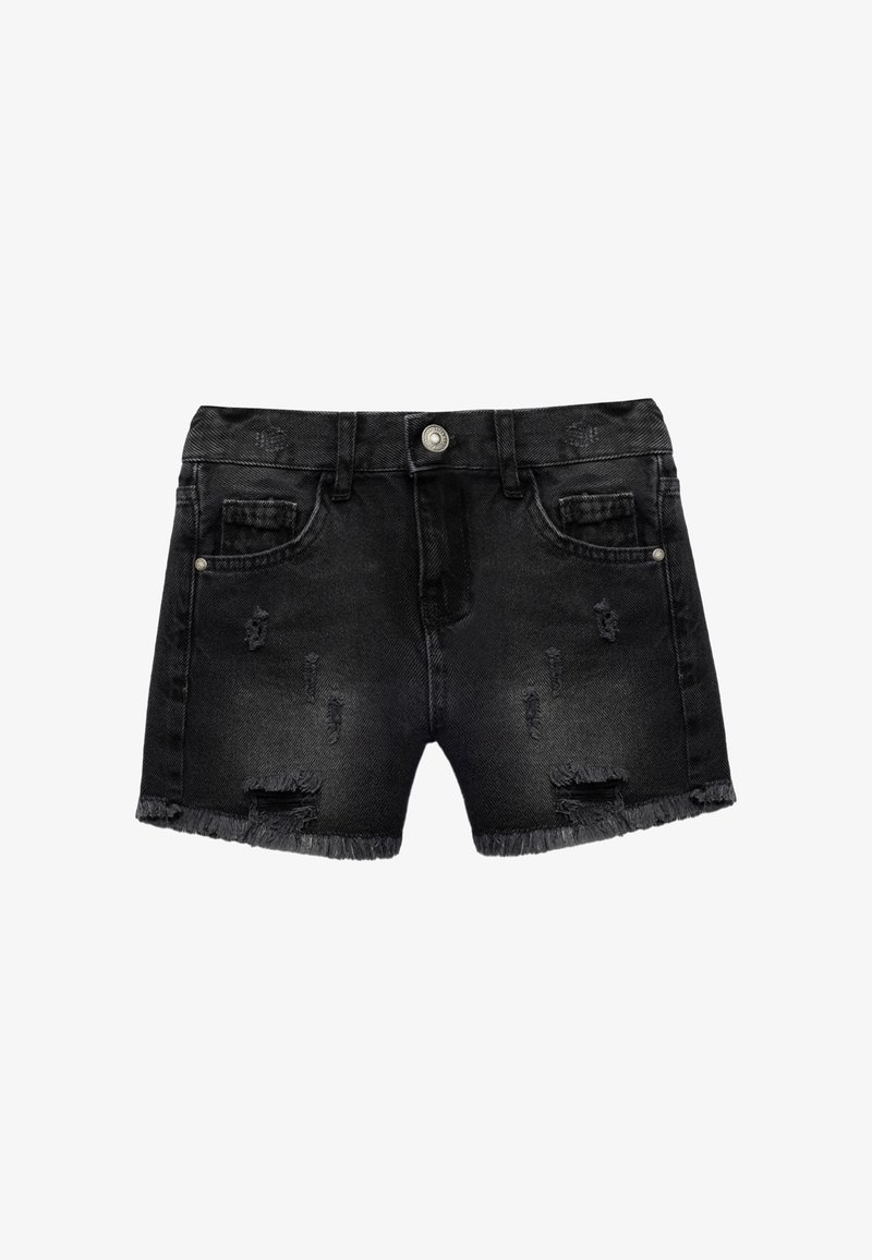 Black denim shorts with a frayed hem, featuring distressed details, front pockets, and a metal button closure.