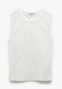 Witte mouwloze katoenen tanktop met een ronde halslijn, ribbelstructuur en rechte zoom. Eenvoudig, ongecompliceerd ontwerp.