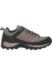 Men's hiking shoe in gray and black with orange accents. Features a textured upper, rugged sole, and reinforced toe for durability. Lightweight design.