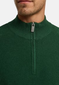 Grøn zip-up sweater med ribbet tekstur og høj hals. Metal lynlås pull fremhæver åbningen foran. Materialet ser blødt og strikket ud.