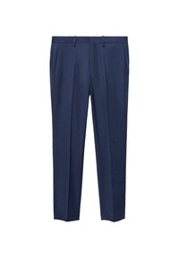 Marineblaue Hose aus strukturiertem Material, mit flachem Bund, zwei Seitentaschen und geradem Bein.