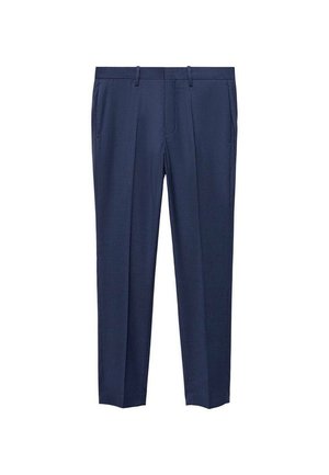 Marineblaue Hose aus strukturiertem Material, mit flachem Bund, zwei Seitentaschen und geradem Bein.
