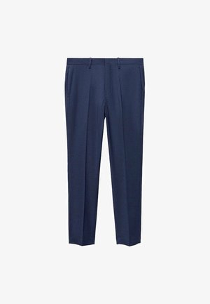 Navyblauwe broeken van textuurstof, met een platte voorkant, twee zijzakken en een rechte pijpdesign.