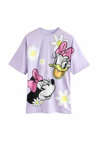 Rövid ujjú, pamut lila póló, amely Minnie Mouse és Daisy Duck mesefigurákat ábrázol virágos grafikákkal.