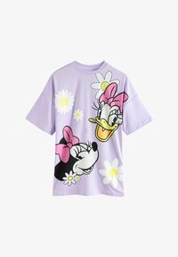 Camiseta de manga corta color púrpura hecha de algodón que presenta a los personajes de dibujos animados Minnie Mouse y Daisy Duck con gráficos de flores.