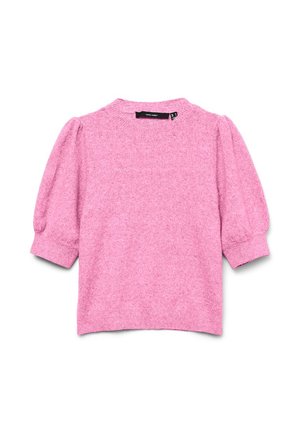 Měkký růžový krátký svetr s nafouknutými rukávy a žebrovanými manžetami, kulatým výstřihem a volným střihem.