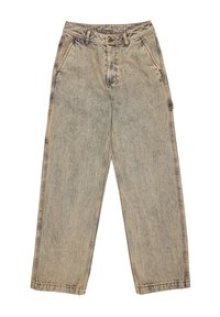 Jeans grises desgastados de corte holgado con botón delantero, passantes para cinturón, bolsillos laterales y un bolsillo tipo cargo en la pierna derecha.