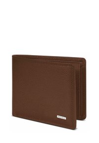 Bruine leren bifold portemonnee met een gestructureerde textuur en een klein metalen logoplaatje in de rechterbenedenhoek.