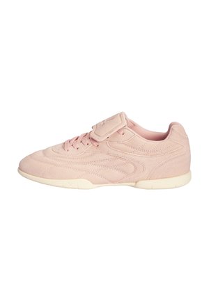 Light pink suede sneaker with laces and a velcro strap, featuring a white sole and textured stitching details.