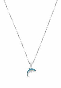 Collana in argento con ciondolo a forma di delfino. Il delfino presenta accenti in smalto blu e dettagli leggeri per dare texture.